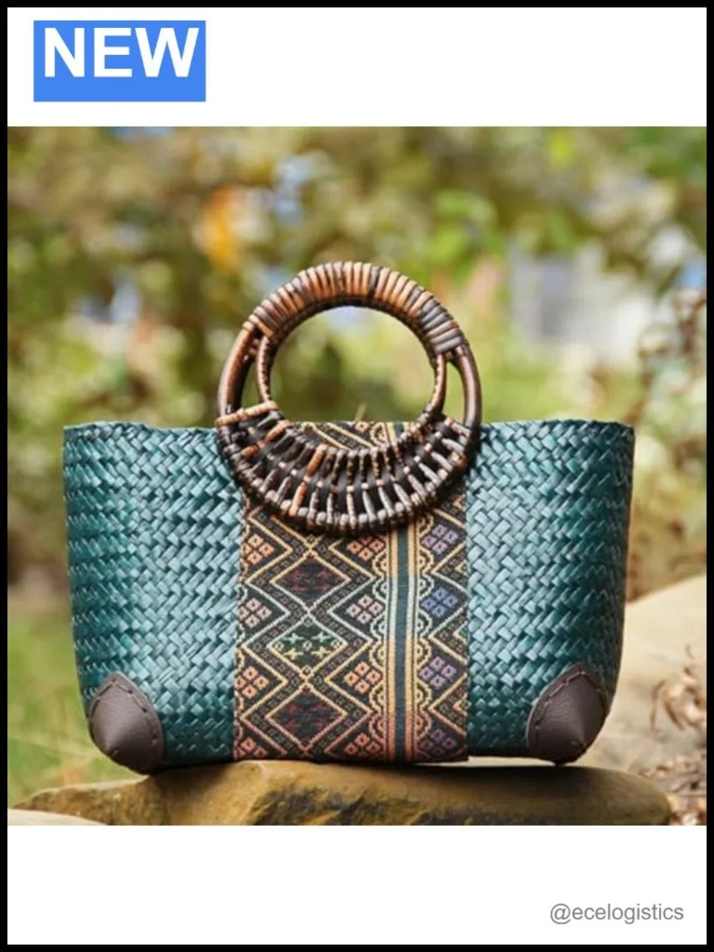 Handmade Rattan Tote Bag Women Straw Woven Beach Bag Bamboo Handle